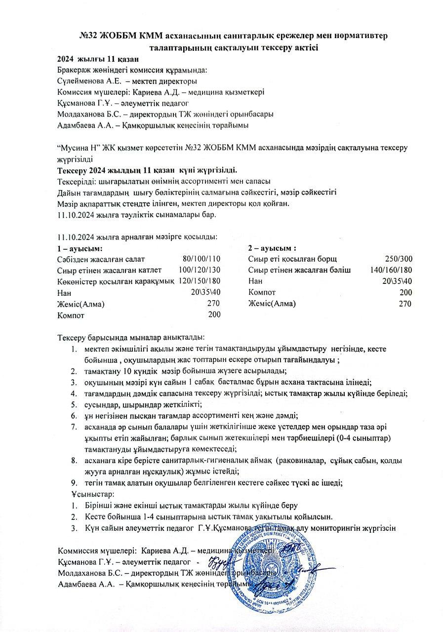 Акт проверки соблюдения требований санитарных правил и нормативов в школьной столовой от 11 октября 2024 г.
