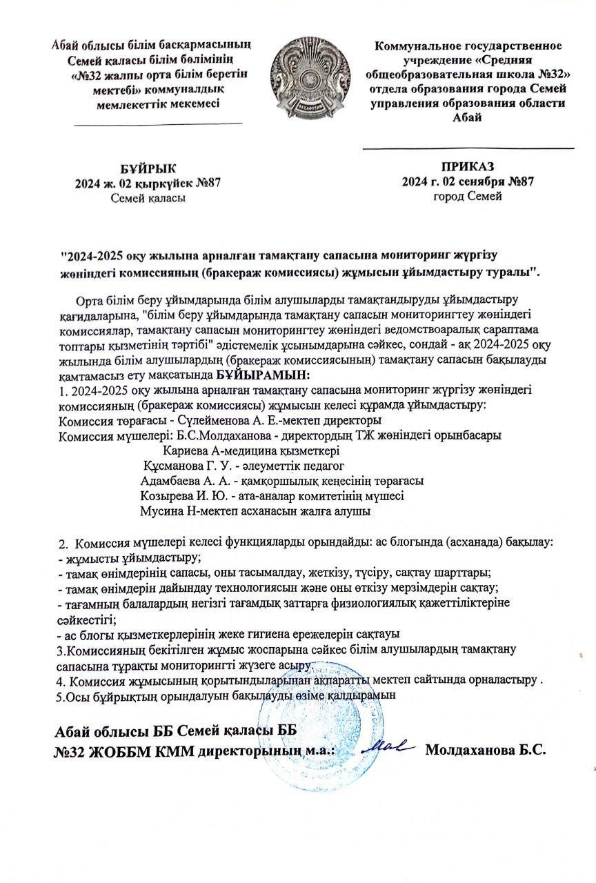 2024-2025 оқу жылына арналған тамақтану сапасына мониторинг жүргізу жөніндегі комиссияның жұмысын ұйымдастыру туралы (№87)